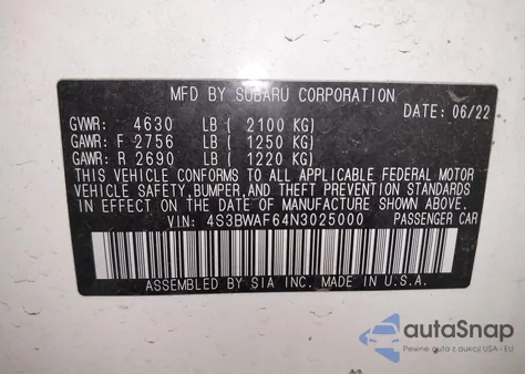 2022 Subaru Legacy Premium z USA, uszkodzony, nr VIN 4S3BWAF64N3025000